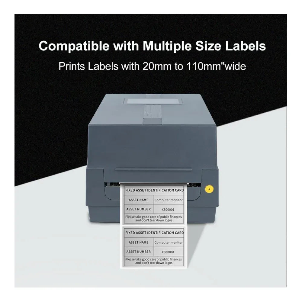 Gray desktop barcode label printer front view with label slot and status light