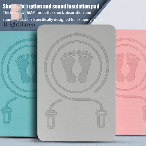 6MM skipping rope mat for shock absorption, noise-reducing smart yoga mat in gray, blue, and pink colors.