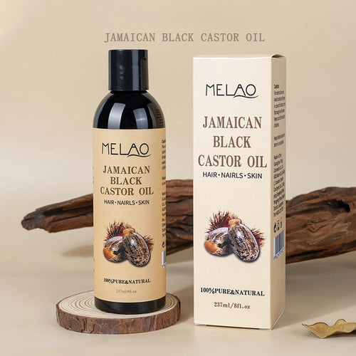 Melao Jamaican Black Castor Oil in a black bottle with tan label for natural hair, skin, and wellness care.