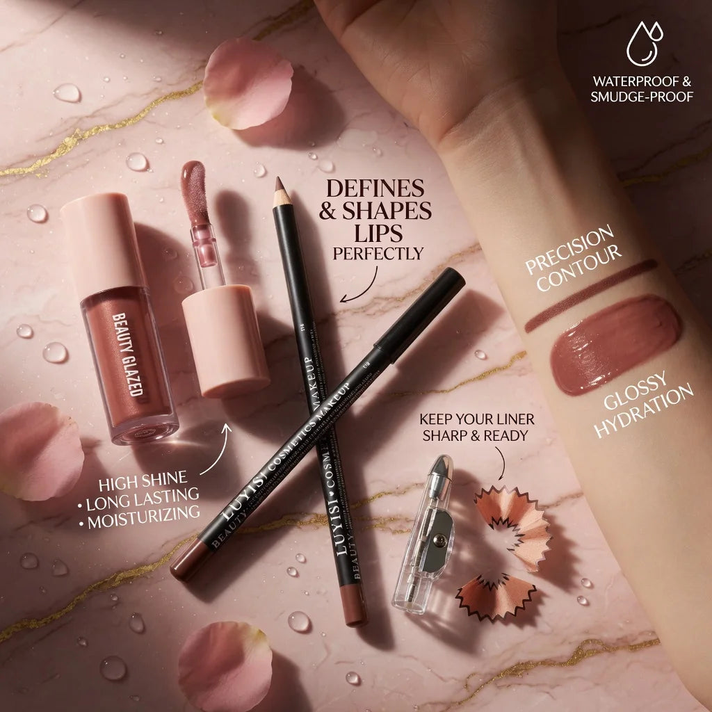 3-piece lip makeup set with nude gloss, blendable lip liner, and sharpener for a high-shine, waterproof finish.