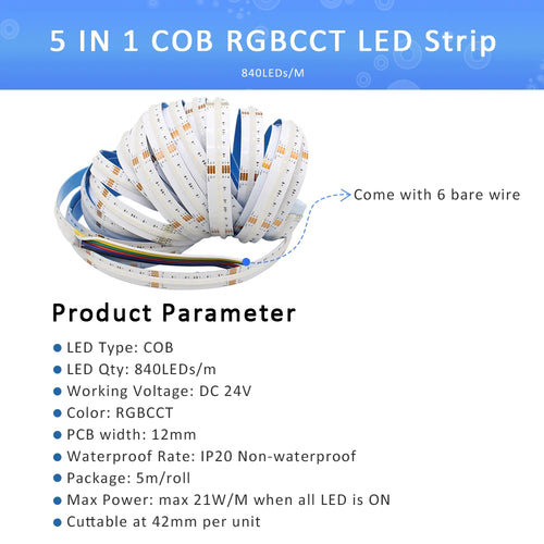 5m COB RGB+CCT LED strip roll with 6 bare wire leads, flexible tape design