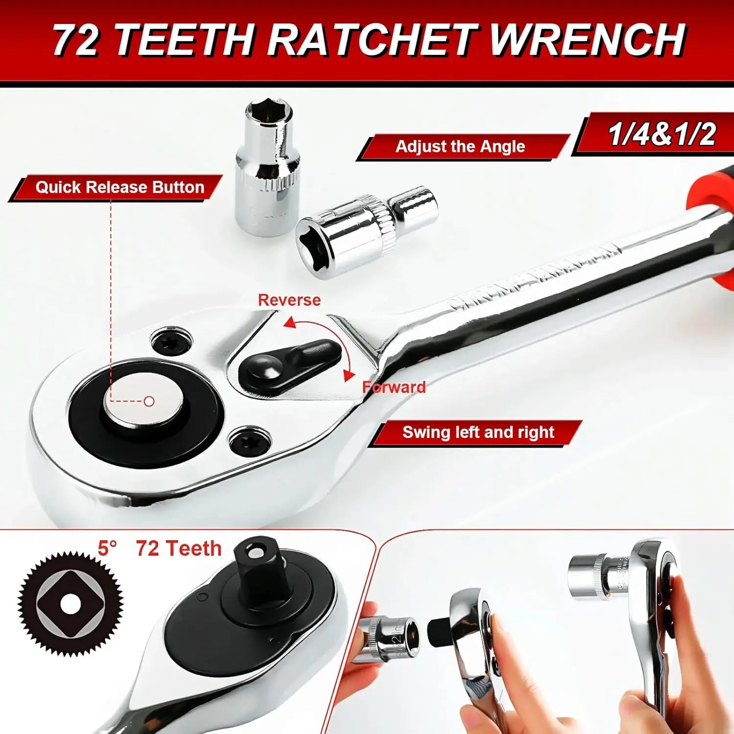 108-Piece Socket Spanner Set Cr-V Ratchet Wrench Set Ratchet Box with 1/4 &1/2 Inch 72 Teeth Reversible Ratchet Hexagonal Socket
