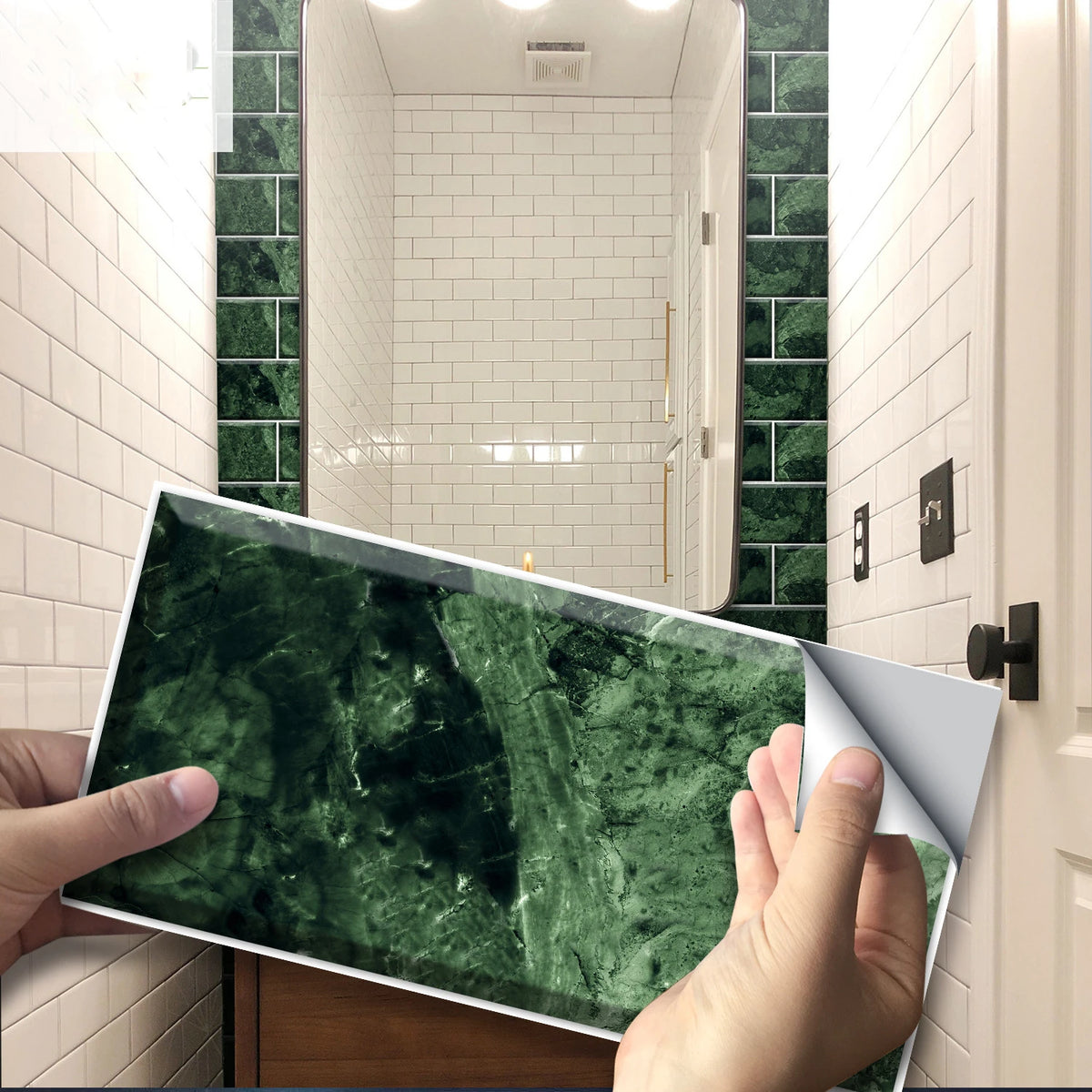 Peel-and-stick brick tile sticker sheet, dark green stone brick pattern.