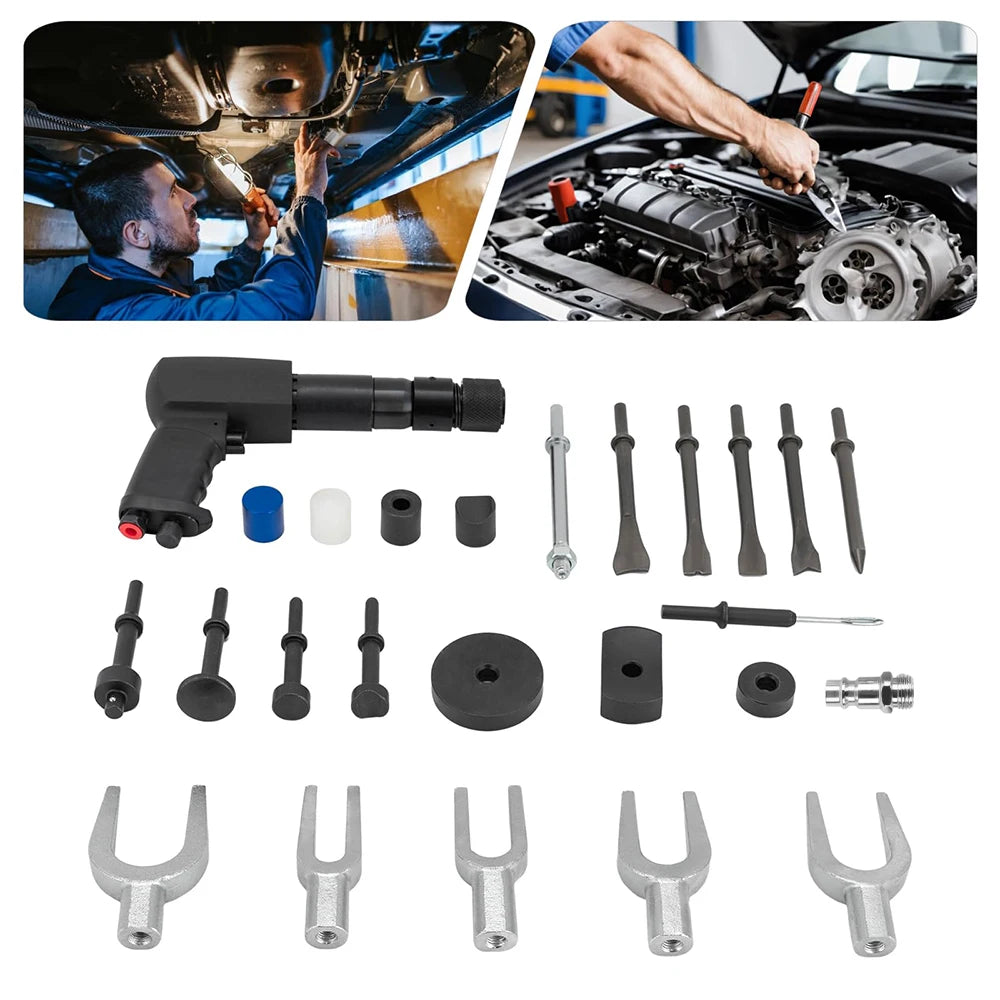 Podofo 25Pcs Air Hammer Kit Multi-functional Pneumatic Hammer Piece Chisel Set Ball Joint Separator Set 2100 BPM Quick Change Retainer Air Hammer Bits