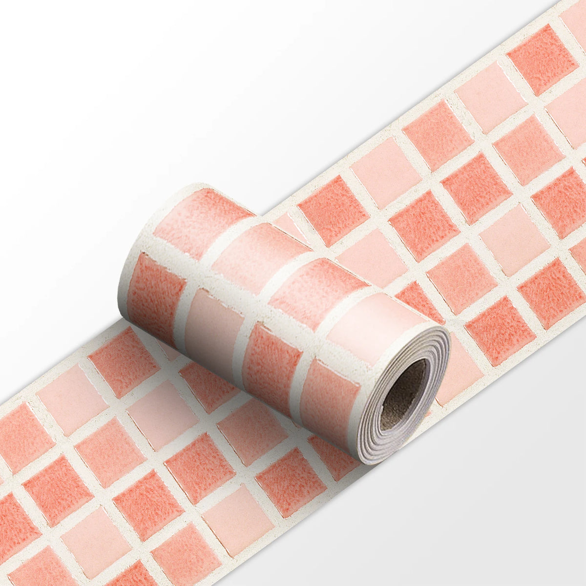 Peel-and-stick mosaic tile wall border sticker strip, pink and white cube pattern roll