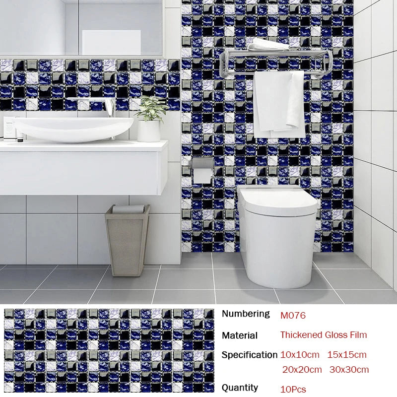 10pcs Flat Mosaic Style Tiles Sticker Kitchen Bathroom Waterproof & Oilproof Art Wall Sticker Peel & Stick Surface Glossy Film