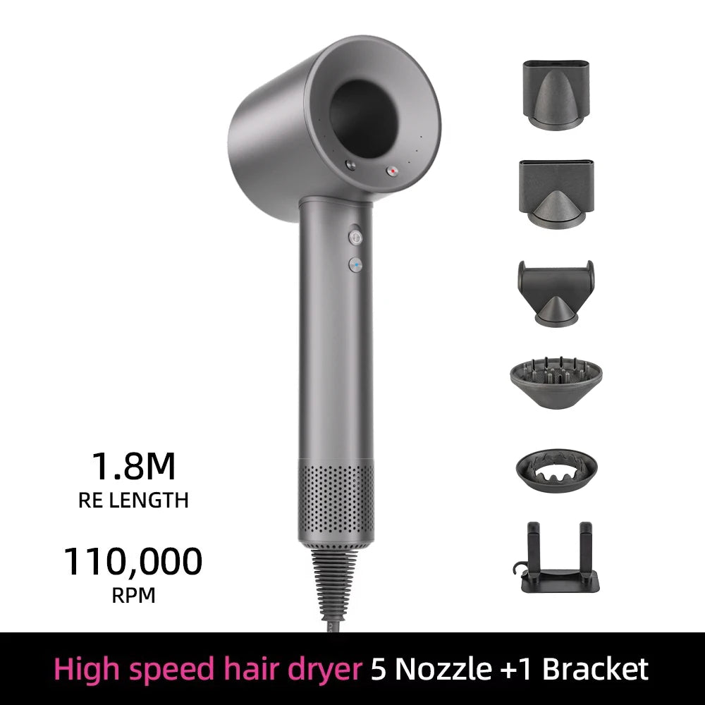 Grey high-speed, bladeless negative ion hair dryer with 5 magnetic nozzles, wall bracket, and 110k RPM motor.