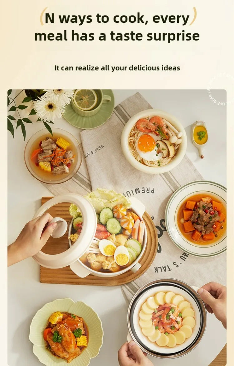 White electric multi cooker on a wooden tray, with food in the steaming pot