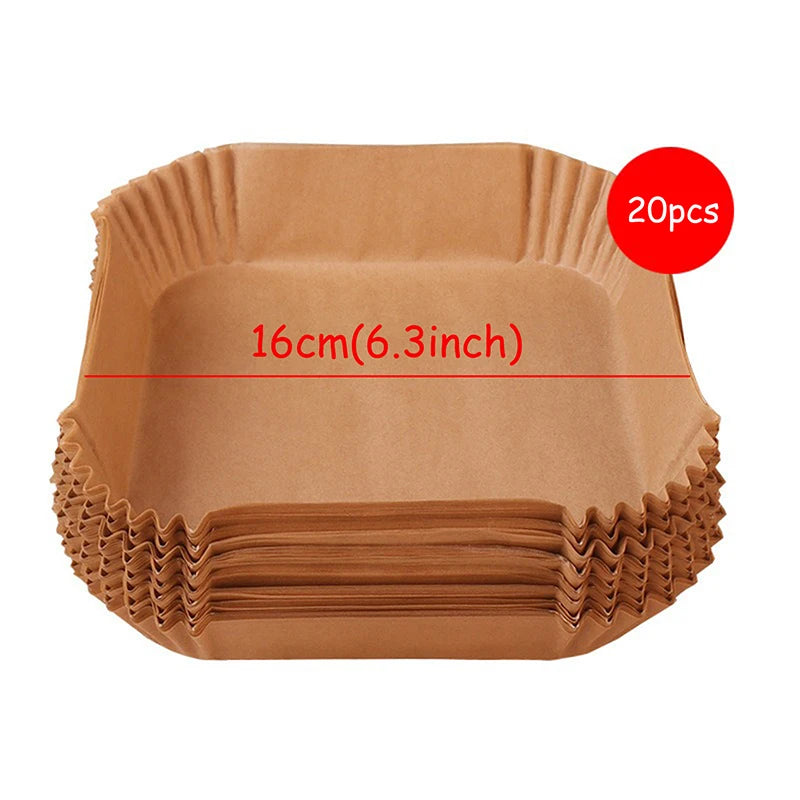 Square air fryer paper liners, brown, 16cm (6.3in), 20pcs, disposable baking trays