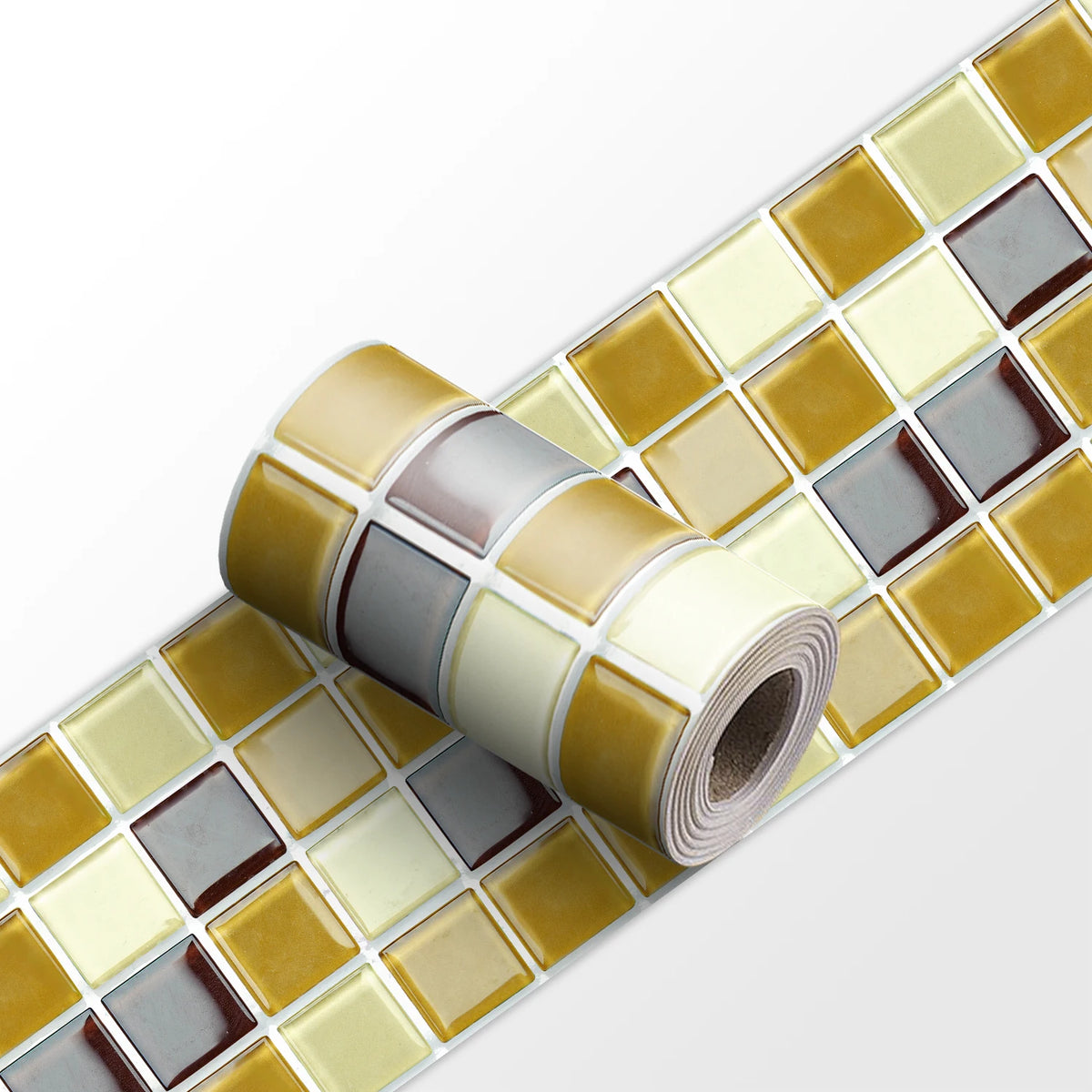 Mosaic tile wall sticker strip roll with yellow and cream square tiles with dark accents