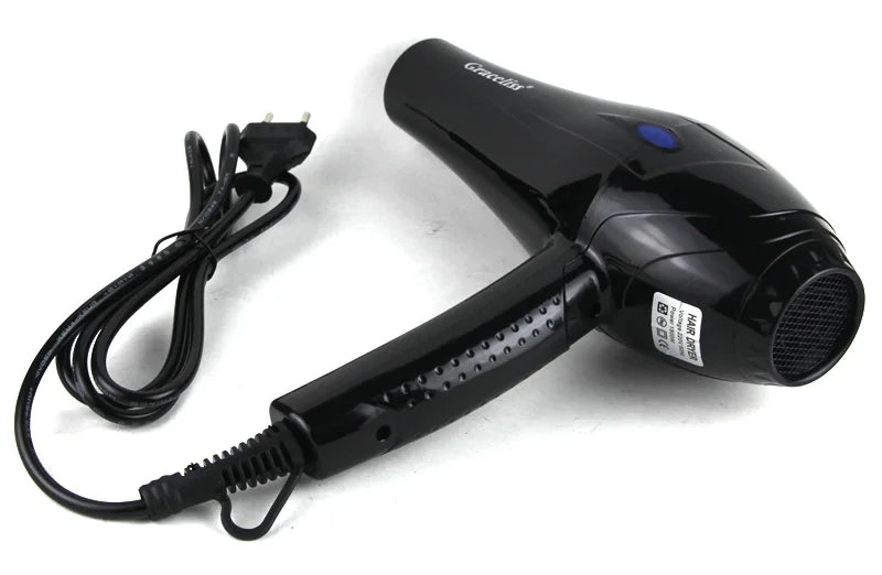Black professional hair dryer with EU plug, hot/cold air settings, ergonomic handle, and rear grille for salon home use.