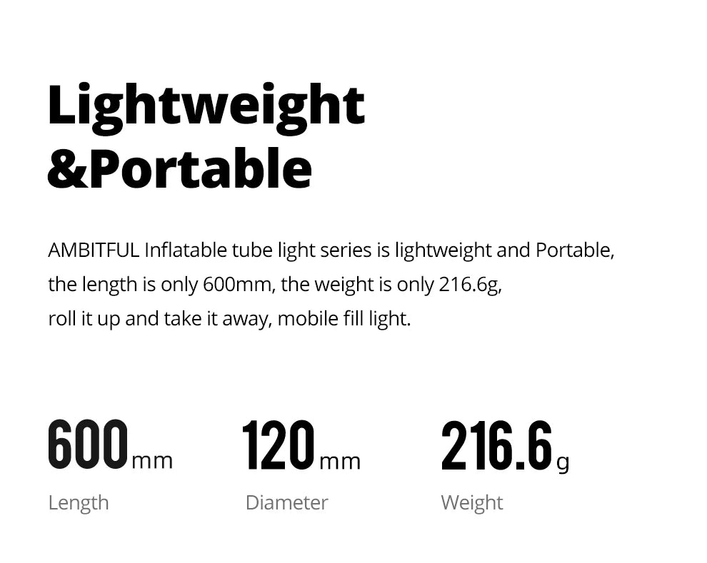Inflatable tube fill light, 600mm long, 120mm diameter, 216.6g, portable and rollable for mobile photography lighting.