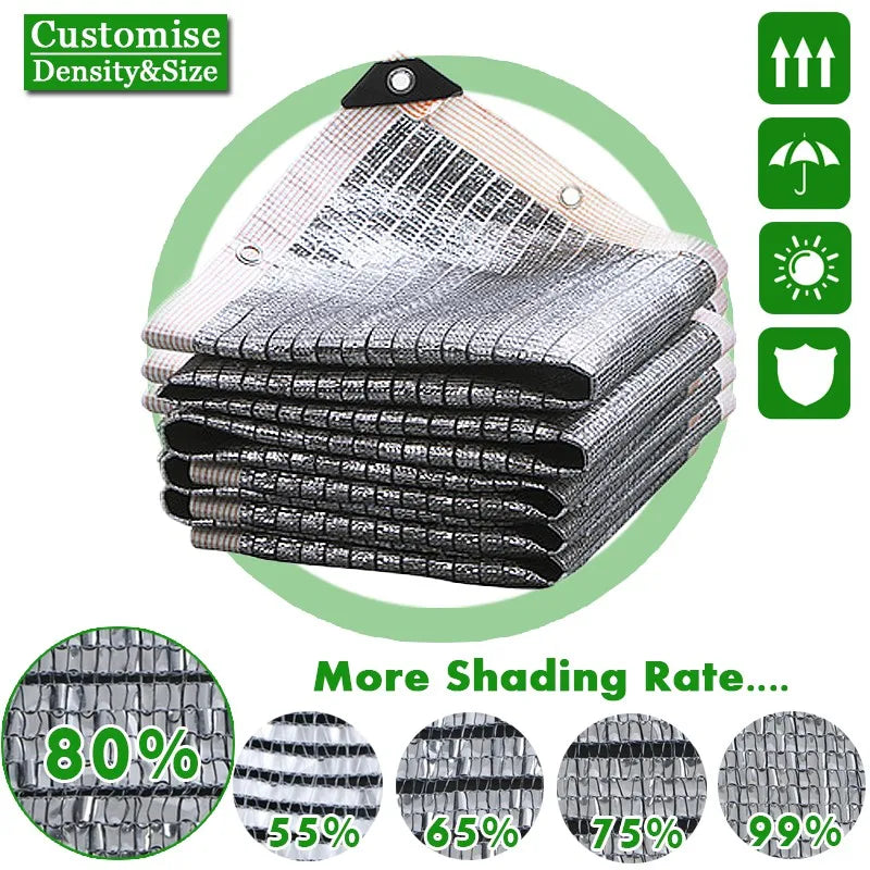 Stacked aluminum foil sunshade net panels with corner attachment loops