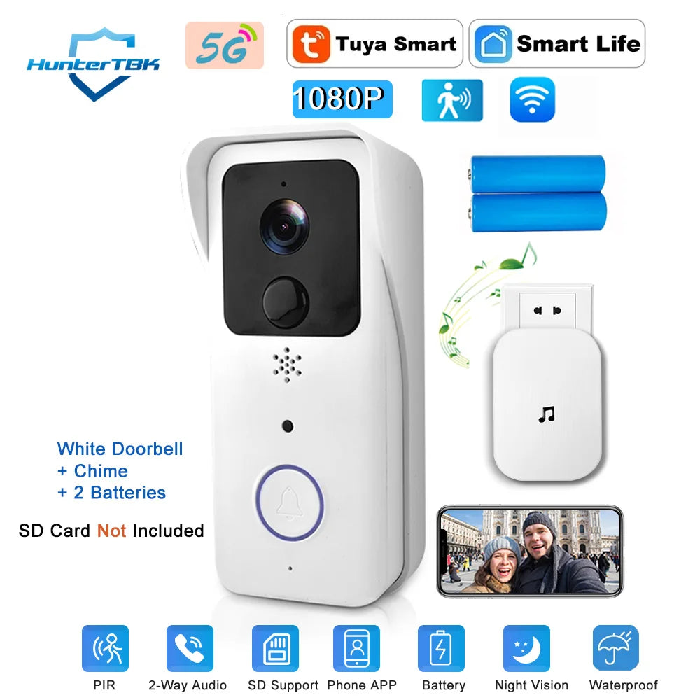 White WiFi video doorbell with wireless chime, 1080P camera, and two batteries