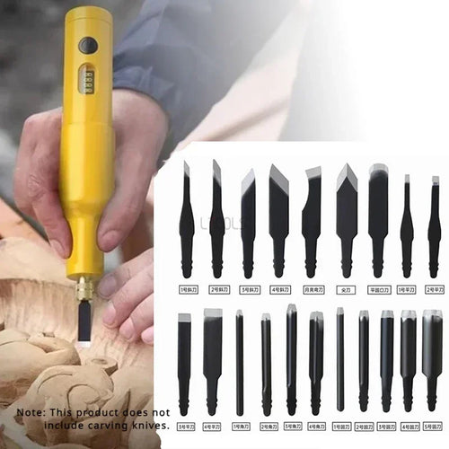 Handheld electric carving tool with yellow handle and assorted black engraving blades set