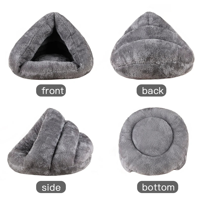 Washable grey plush dog bed cave, cozy enclosed tent for small dogs and cats, soft warm pet furniture for comfort.