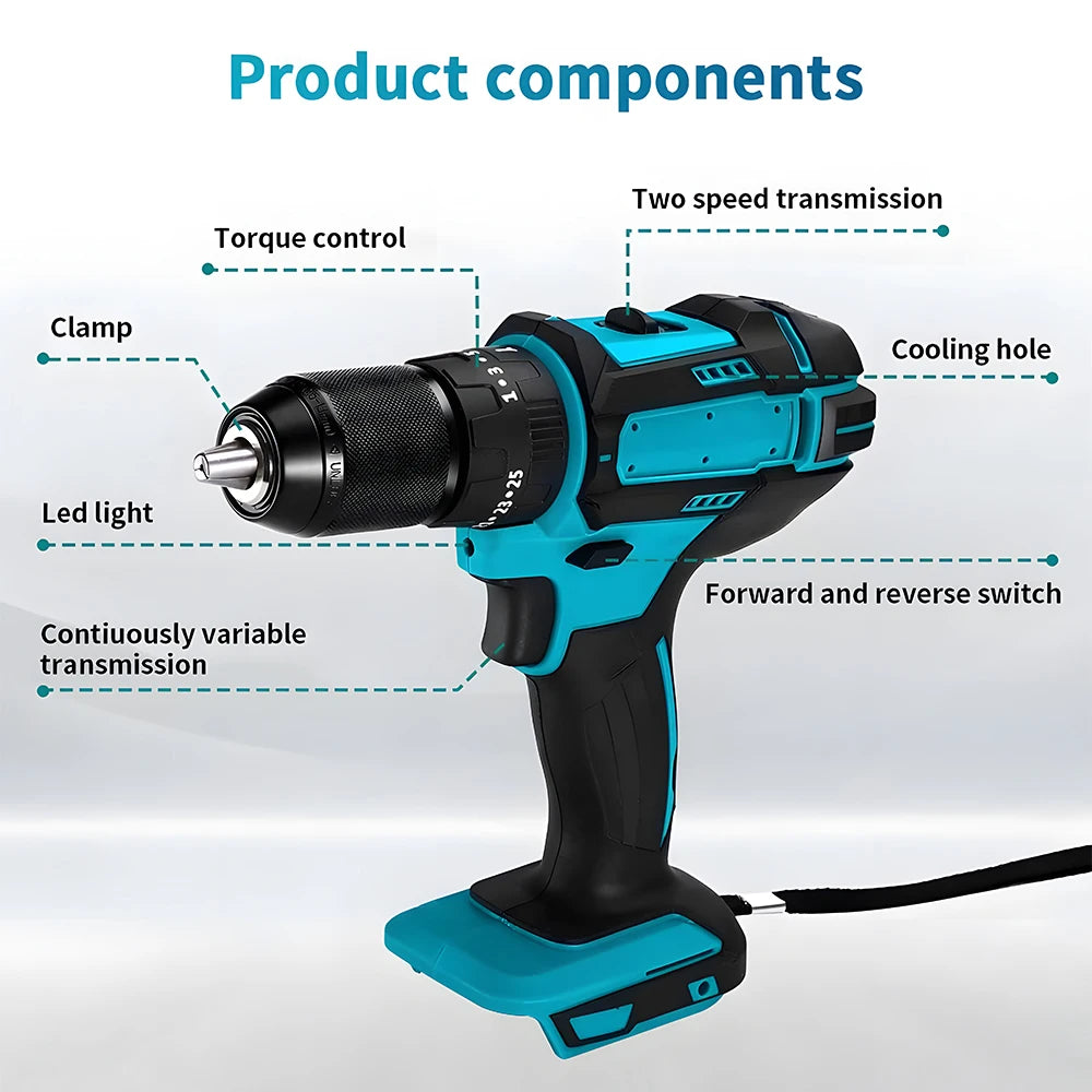 Podofo 10mm Cordless Impact Hammer Drill Drill Driver Stepless Speed High Torque Handheld Rechargeable Power Drill For Wood Metal Drilling Screw Driving Home Repair Power Tool