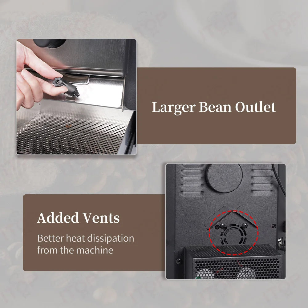 ITOP coffee roaster features: stainless steel bean outlet and additional cooling vents for heat dissipation.