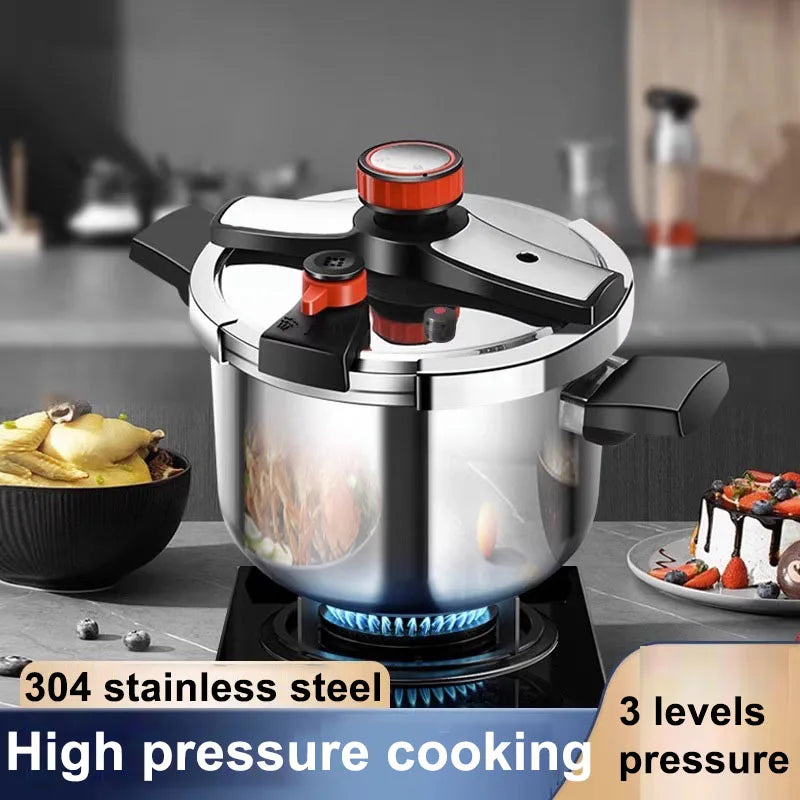 304 stainless steel pressure cooker with red pressure regulator and side handles