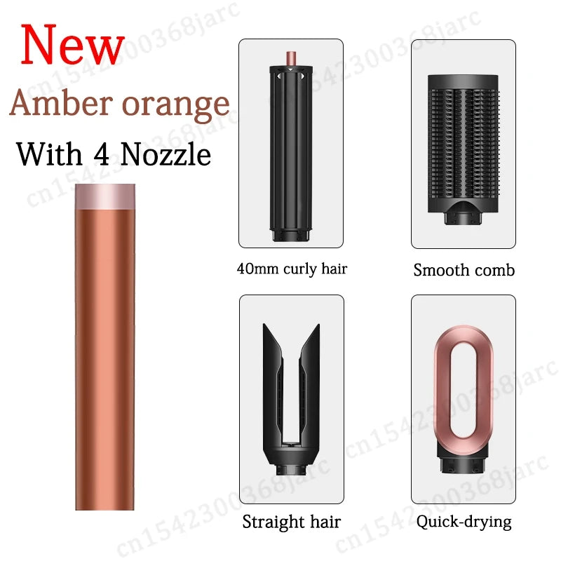 SenCiciMen 5-in-1 amber orange hot air hair styler with curling barrel, smooth comb, straightener, and dryer nozzles.