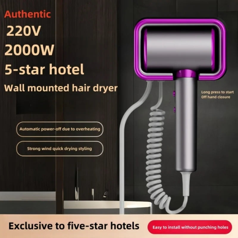 Purple and silver wall-mounted 2000W hair dryer with coiled cord, perfect for home or hotel bathroom styling.