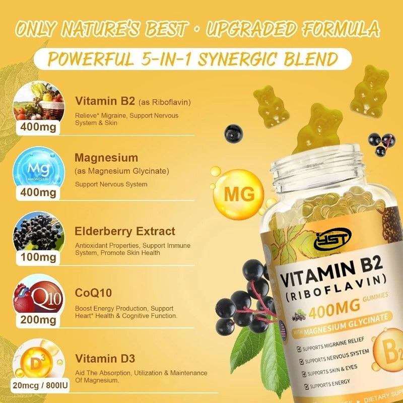 Vitamin B2 Gummies, Sugar Free Riboflavin Supplements, Containing Magnesium Glycinate, Coq10, And Elderberry, Non Gmo