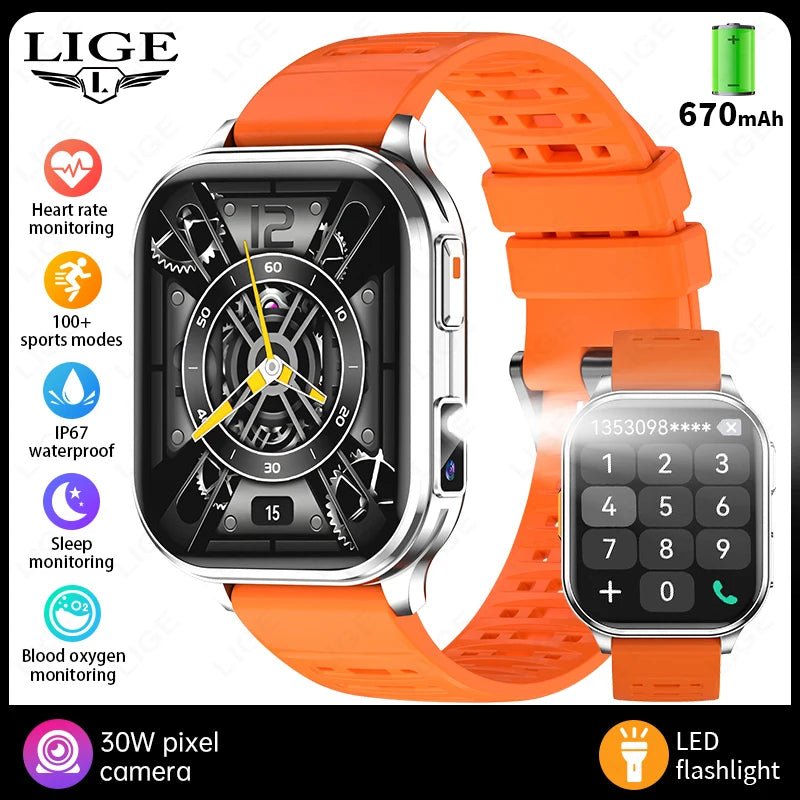 Smartwatch with silver case and orange silicone band, keypad and fitness dial