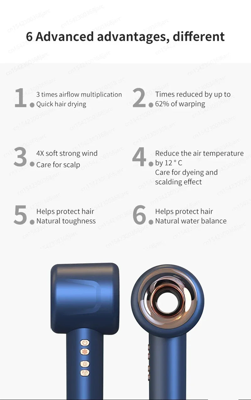 Blue 1600W leafless ionic hair dryer with quick-dry airflow, constant heat control, and modern professional design.