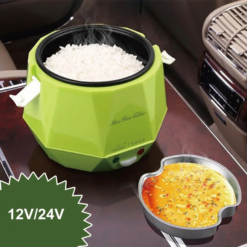 Portable 1.6L car rice cooker, lime green with inner pot and open lid