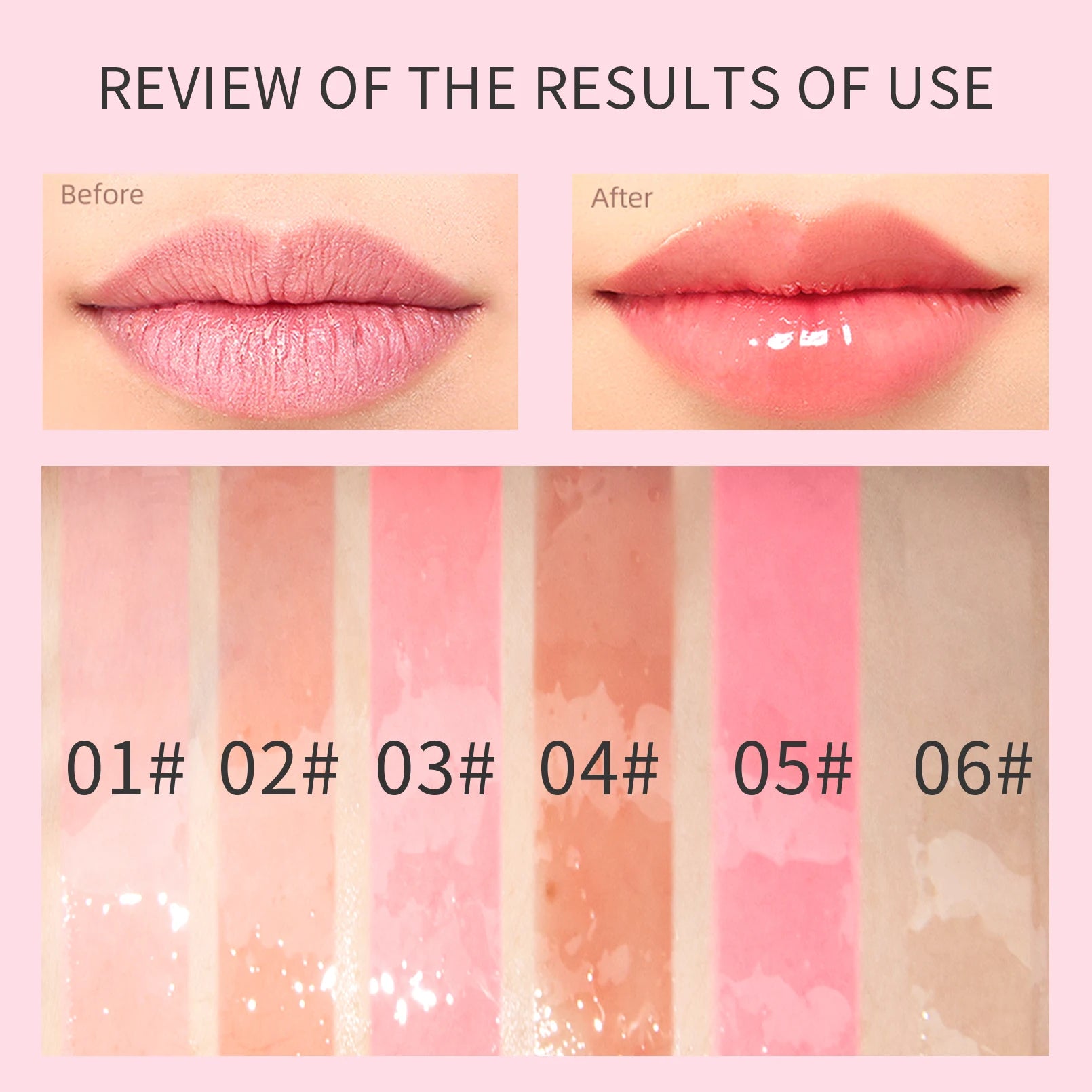 Crystal jelly moisturizing lip oil swatches showing plumping, glossy texture and tinted glow results on lips.