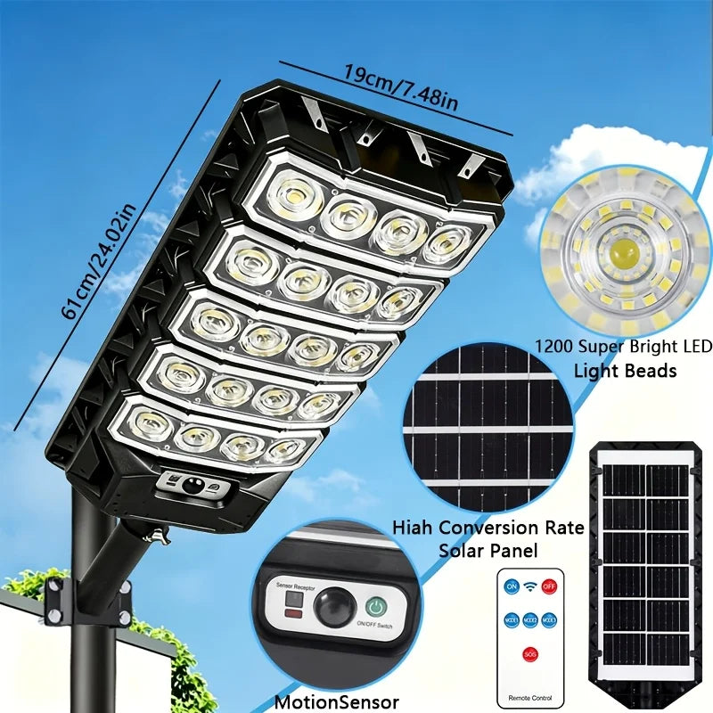 New Extra Large 1200 LED Solar Street Light, 5800Mah Battery. Solar-Powered, No Electricity Cost, IP65 Waterproof. PIR Motion Sensor Enables Auto Night Lighting. Serves As Searchlight, Security & Emergency Light. Great for Pa