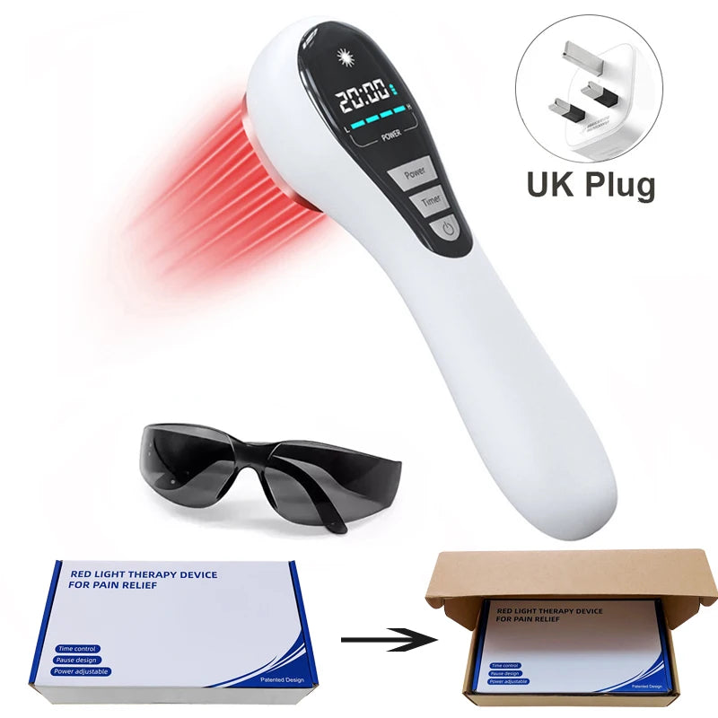 Handheld infrared red light cold laser therapy device for pain relief with LCD display, safety goggles, and UK plug.