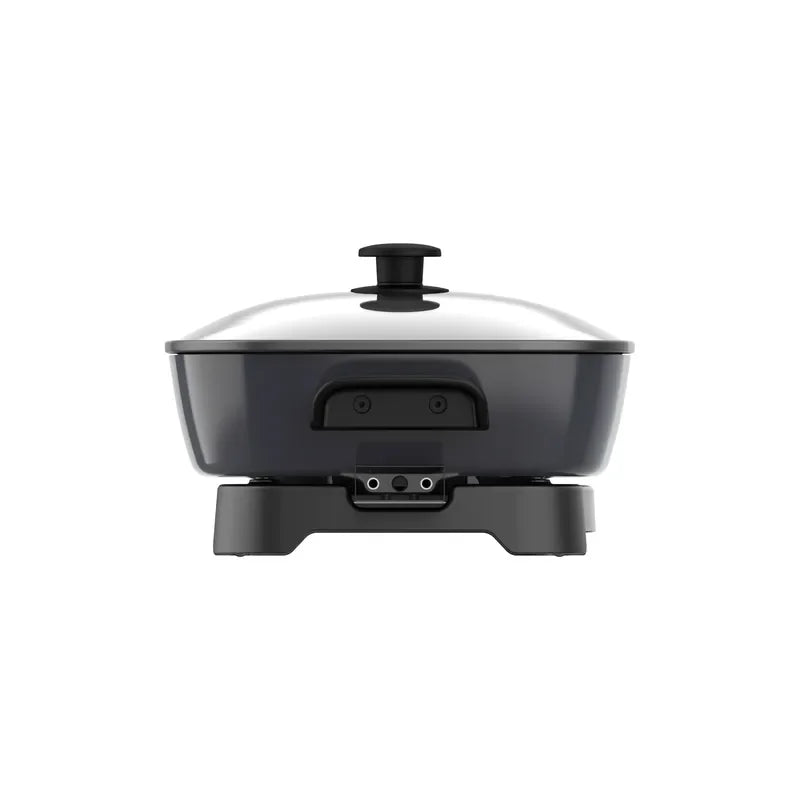 Electric nonstick frying pan with glass lid and front control panel