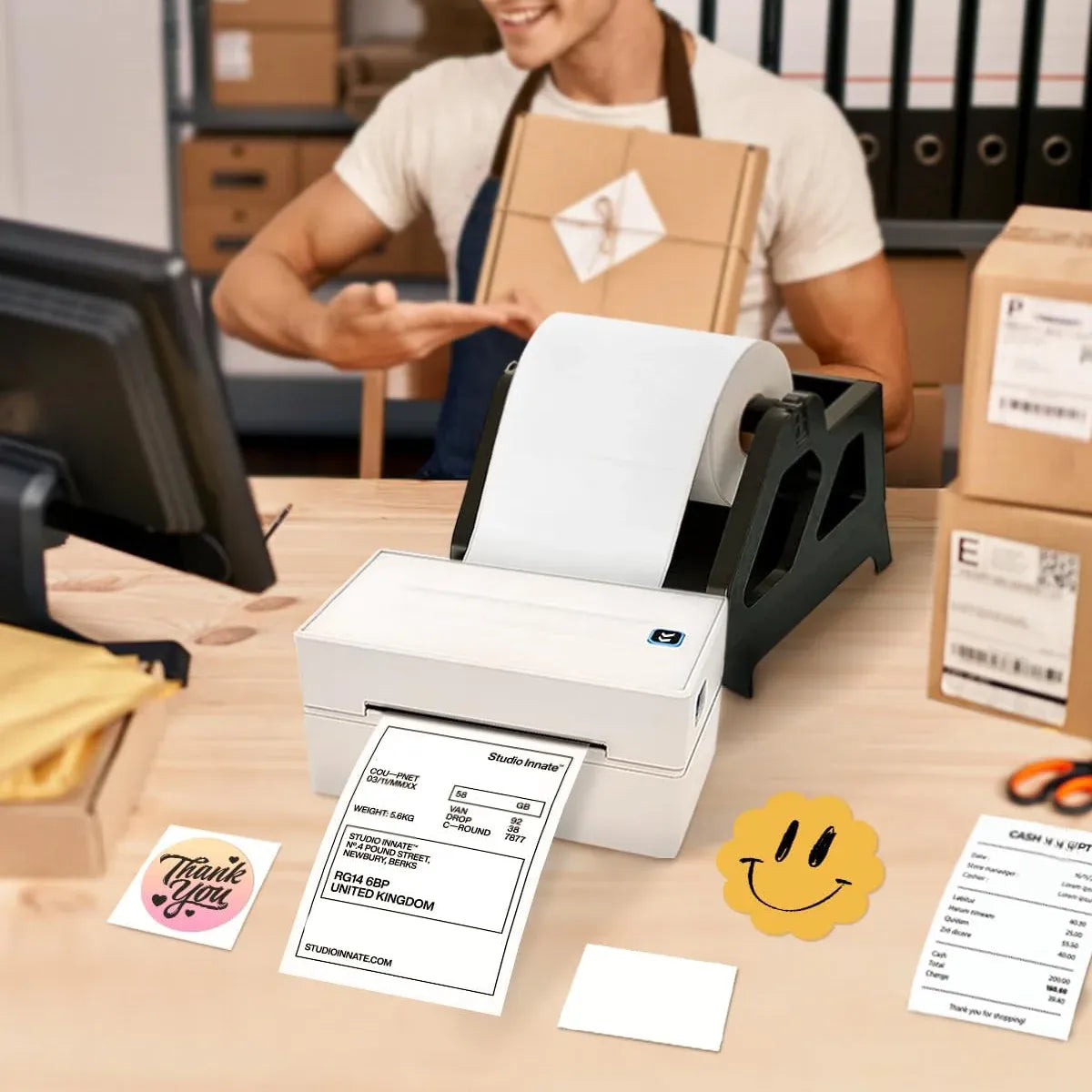 Desktop label printer printing white 4x6 thermal shipping labels with barcodes