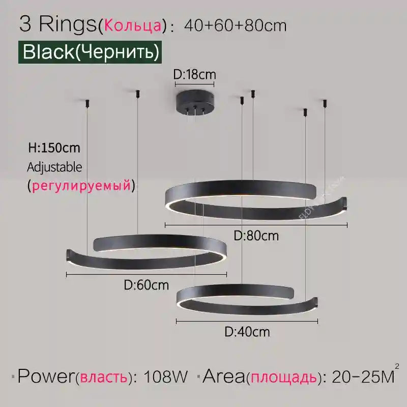 Modern 3-Ring LED Chandelier - Adjustable Dimmable Black Finish 3 Rings Black L Tidesmit