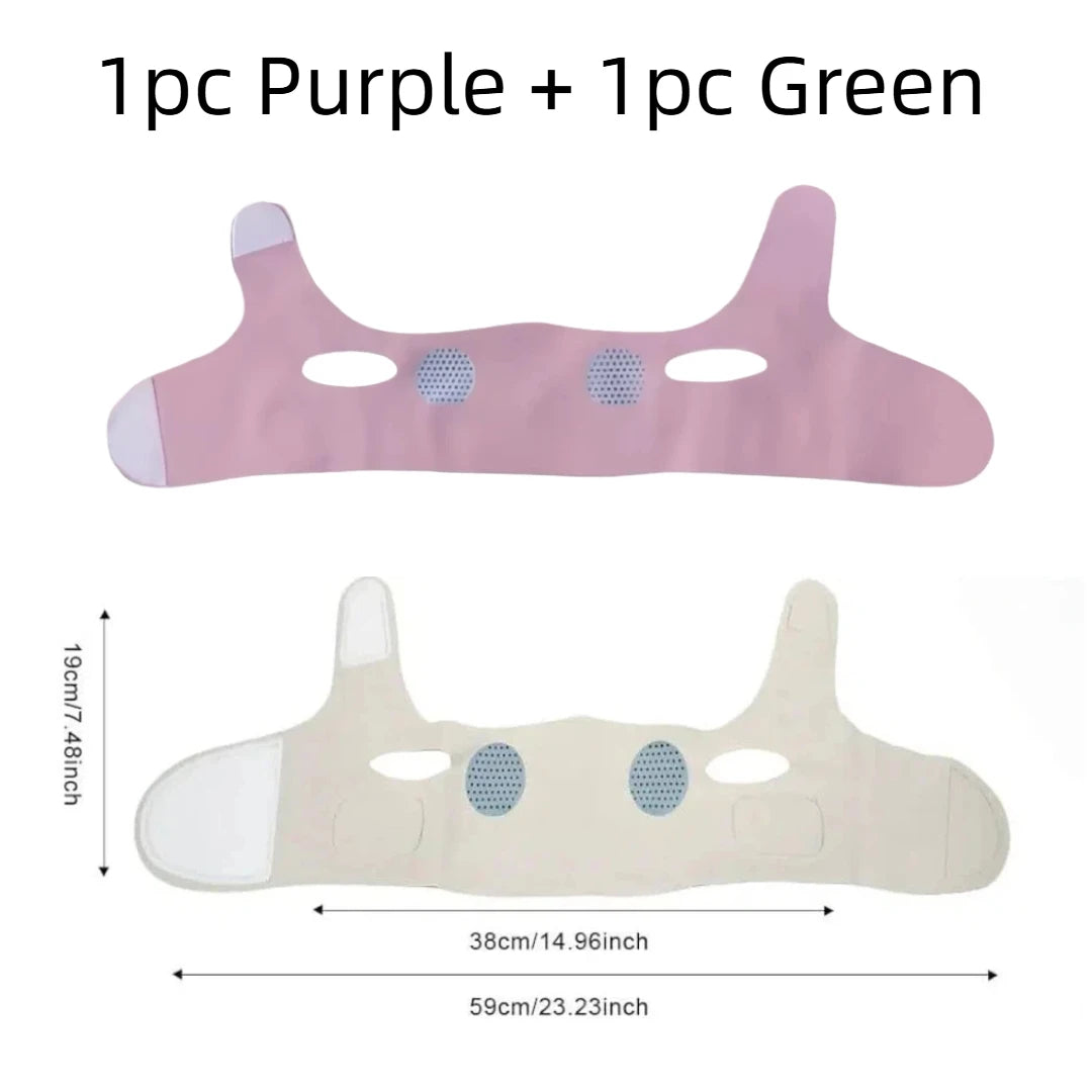 Two V-line facial lifting bands in purple and green with ear cutouts, Velcro tabs, and dimension markers.