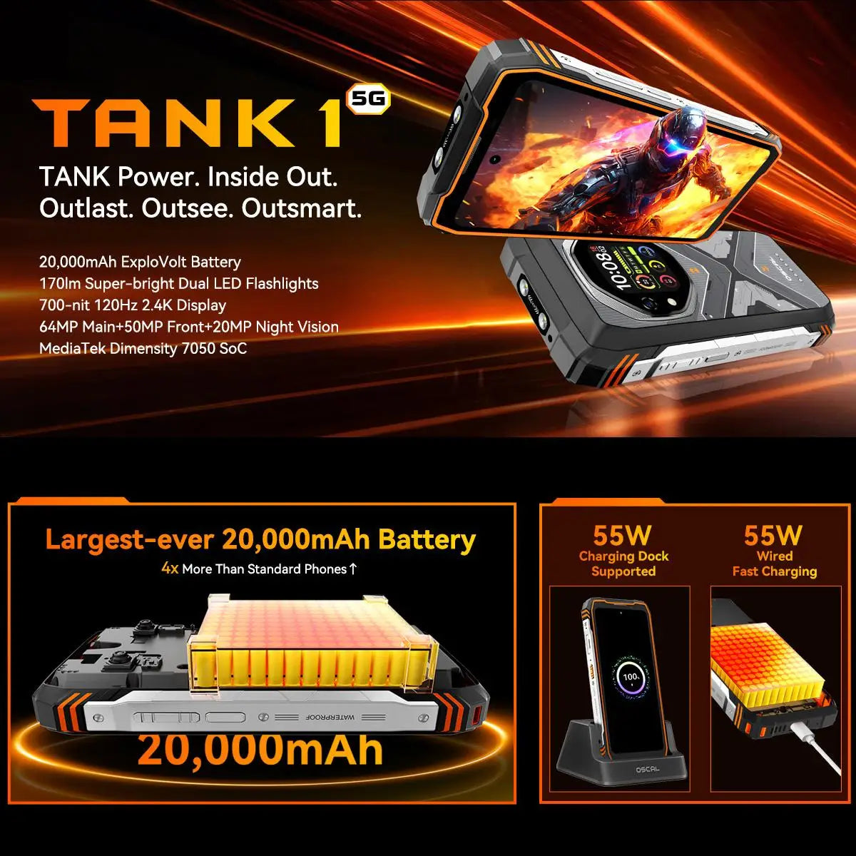 Blackview Oscal TANK 1 Rugged Phone 16GB+512GB 64MP Telephone 6.78 inch Display Android 15 DokeOS 4.2 Mediatek Dimensity 7050 5G