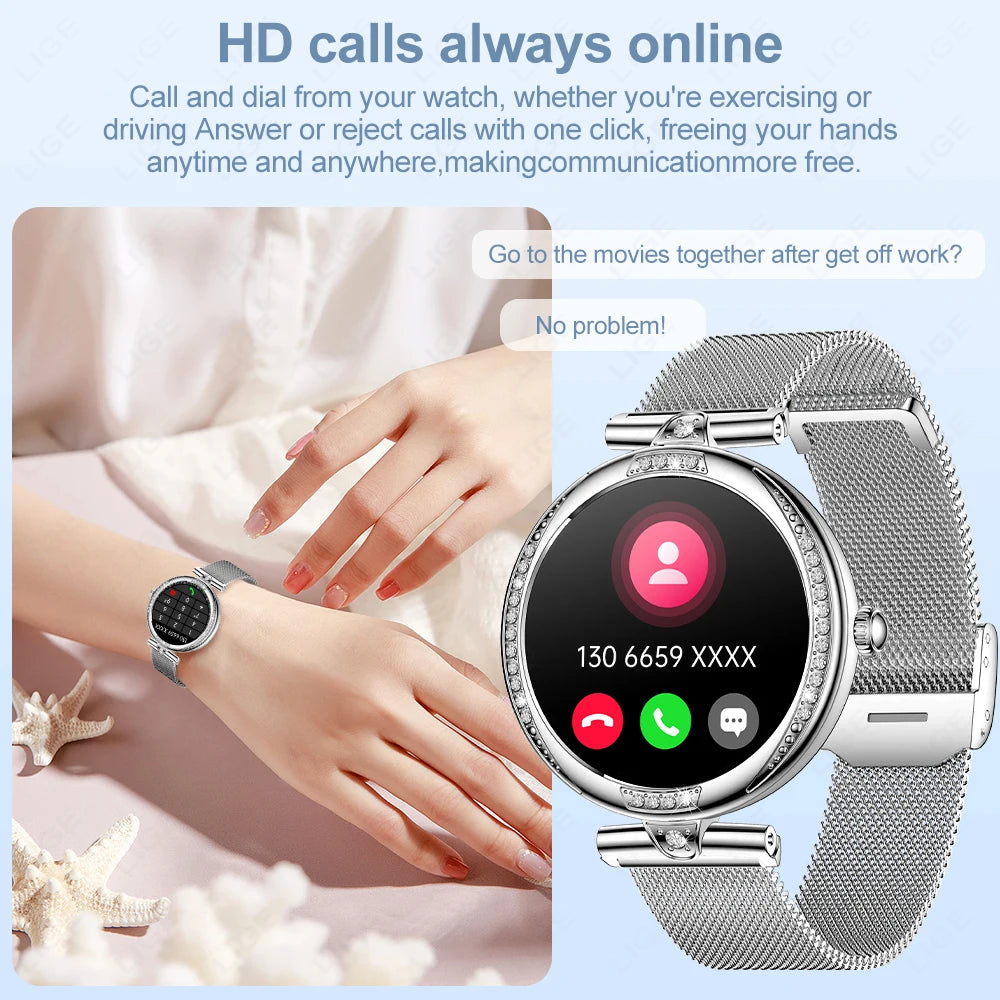 LIGE New Women Watch 1.19" 390*390 AMOLED Display Heart Rate Blood Oxygen Monitoring Bluetooth Call Fashion Diamond Smartwatch