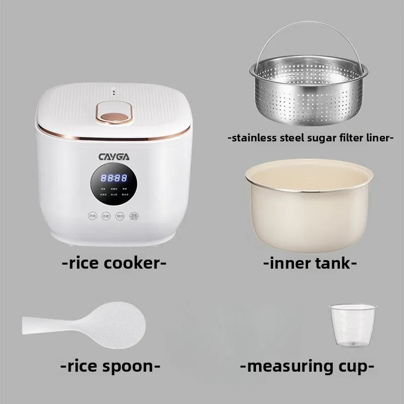 White mini rice cooker set with stainless-steel sugar filter liner and inner tank