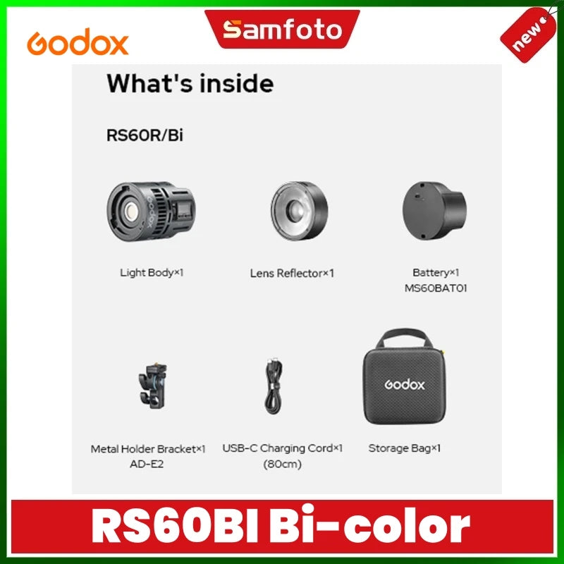 RS60R/Bi LED light kit containing a light body, reflector, battery, metal bracket, USB-C cable, and a storage bag.