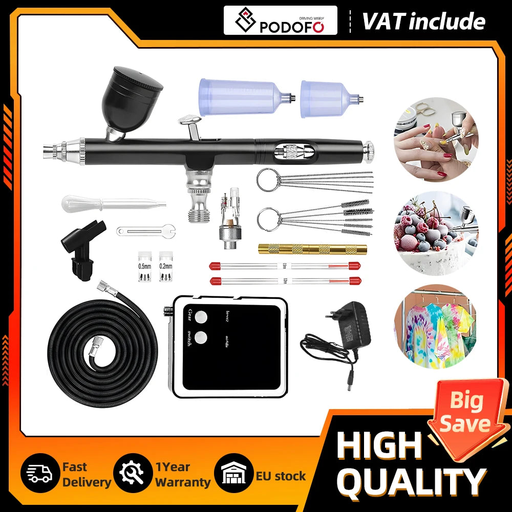 Podofo Dual Action Airbrush Kit Pneumatic Spray Gun for Nail Art Tattoo Painting Car Paint Spraying Tool