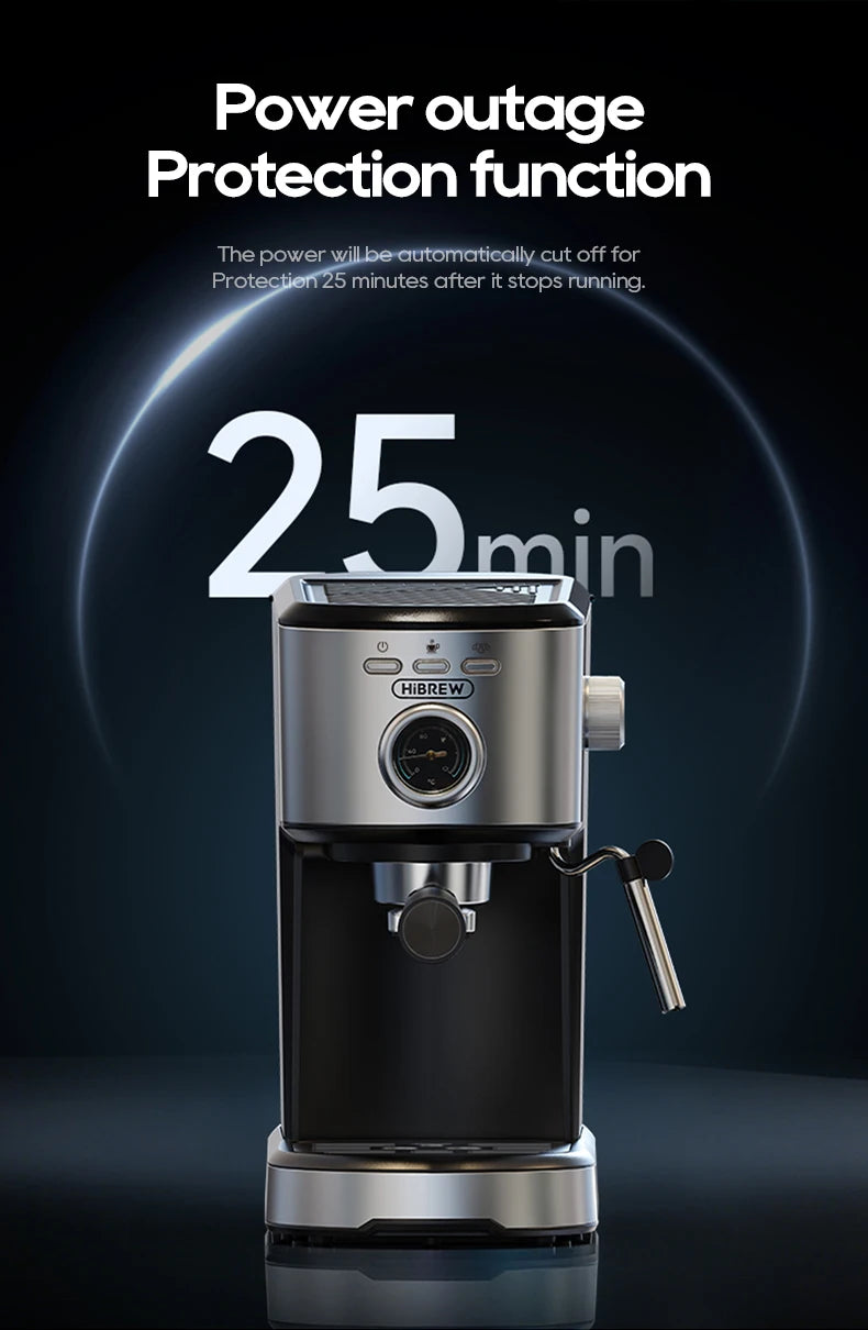 HiBREW stainless steel espresso machine with pressure gauge and steam wand, featuring 25-minute auto-off protection.