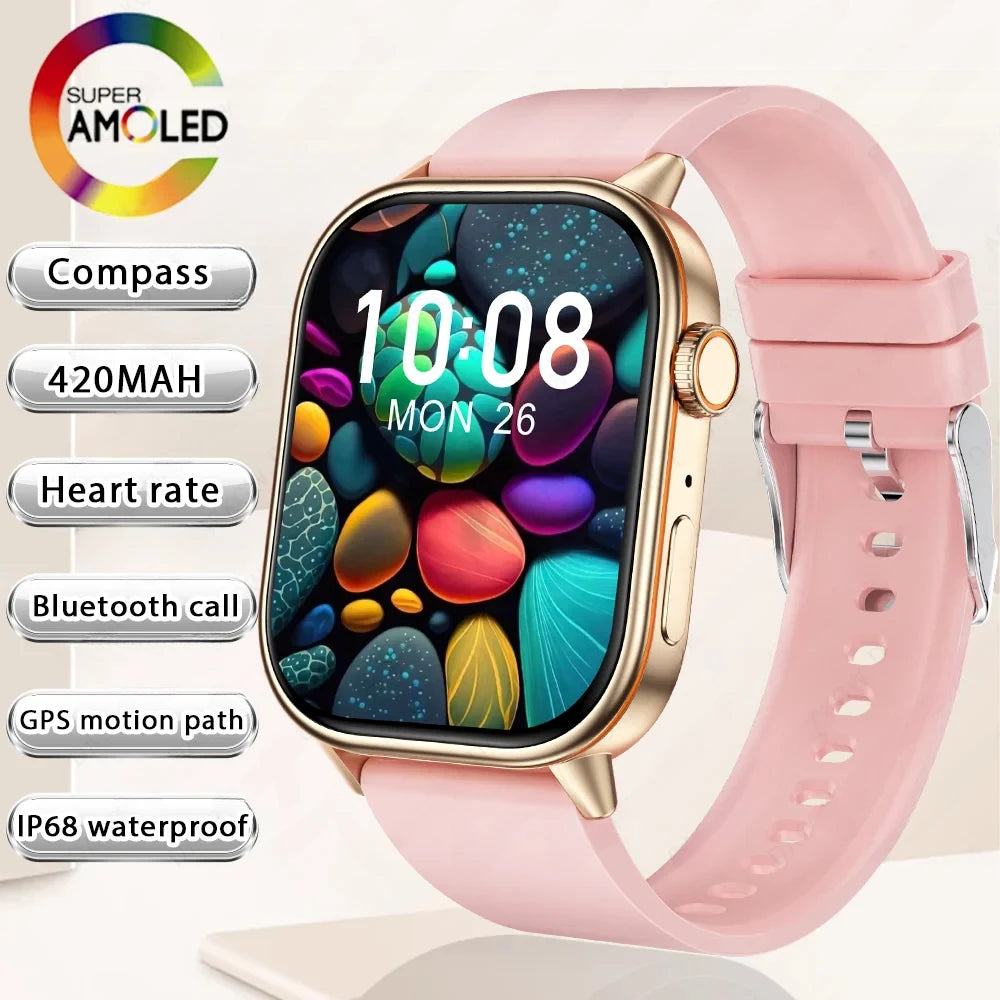 Sports smartwatch with pink silicone band and gold-tone case, AMOLED display and sensors