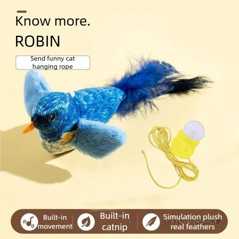 Interactive plush bird cat toy with chirping sound, real feathers, and hanging rope for engaging kitten play.