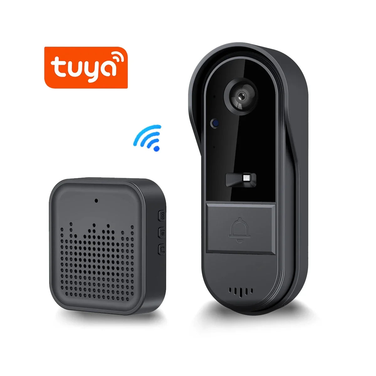 Tuya smart WiFi doorbell, black front and back views with Wi-Fi signal icon