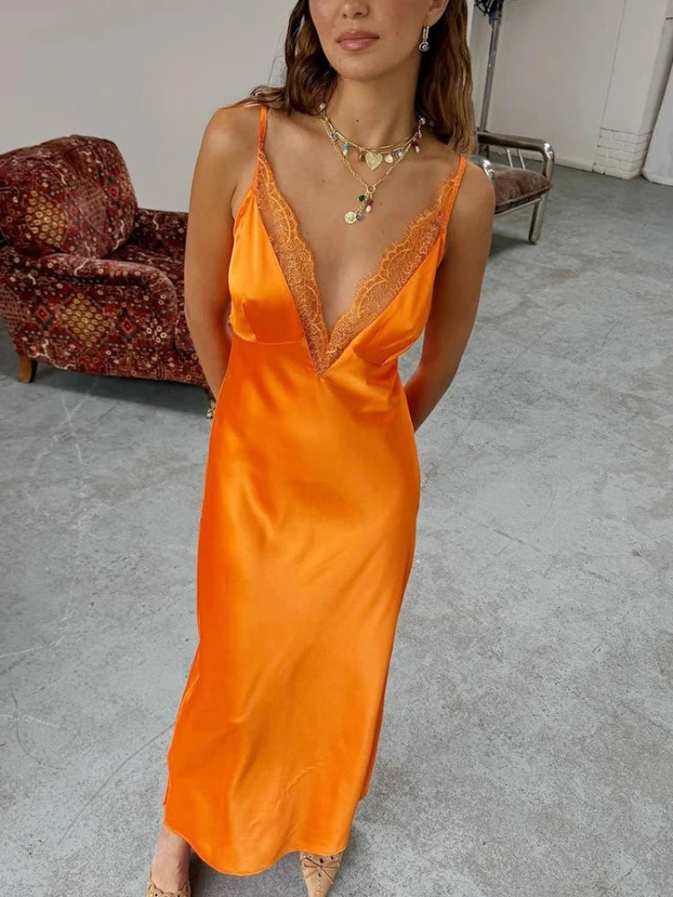 Tsiisd Contrast Lace V-Neck Camisole Long Dress Women's Sleeveless Slim Summer Beach Style Party Dress Female Halter Dress 2026