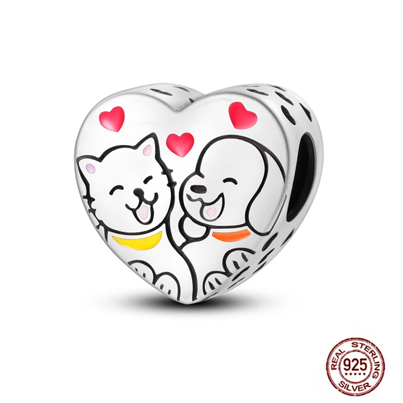 Real 925 sterling silver heart charm with cat and dog for DIY bracelets, perfect gift for pet lovers.
