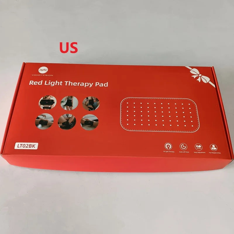 Red rectangular box for a red light therapy pad, showing device usage on the body and technical feature icons.