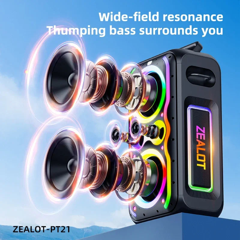 Zealot-PT21 Large Portable Bluetooth Speaker Loudest，200W Deep Bass, V5.3 Big Party Boombox Wireless Speaker For Camping Hiking