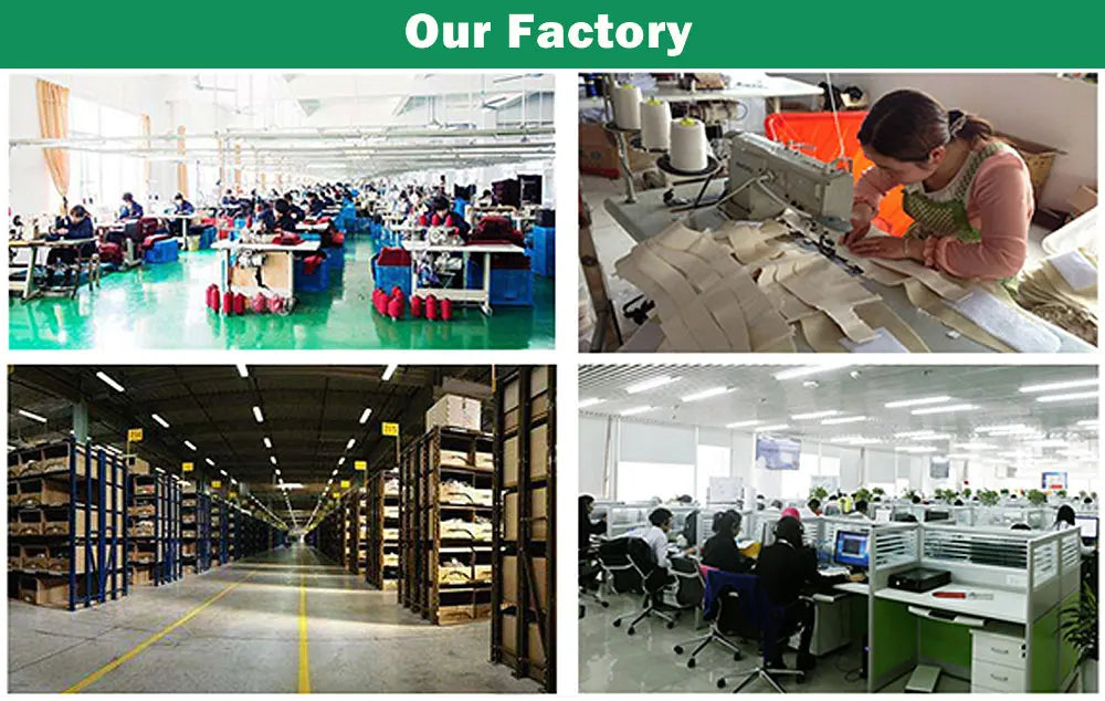 Manufacturing facility overview showing staff assembly, sewing production, warehouse storage, and office administration.